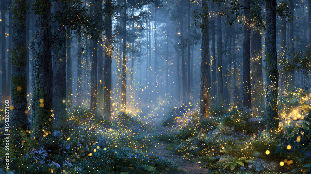 Obraz premium Magical fireflies lighting up enchanted forest path mystical nature scene serene nighttime atmosphere