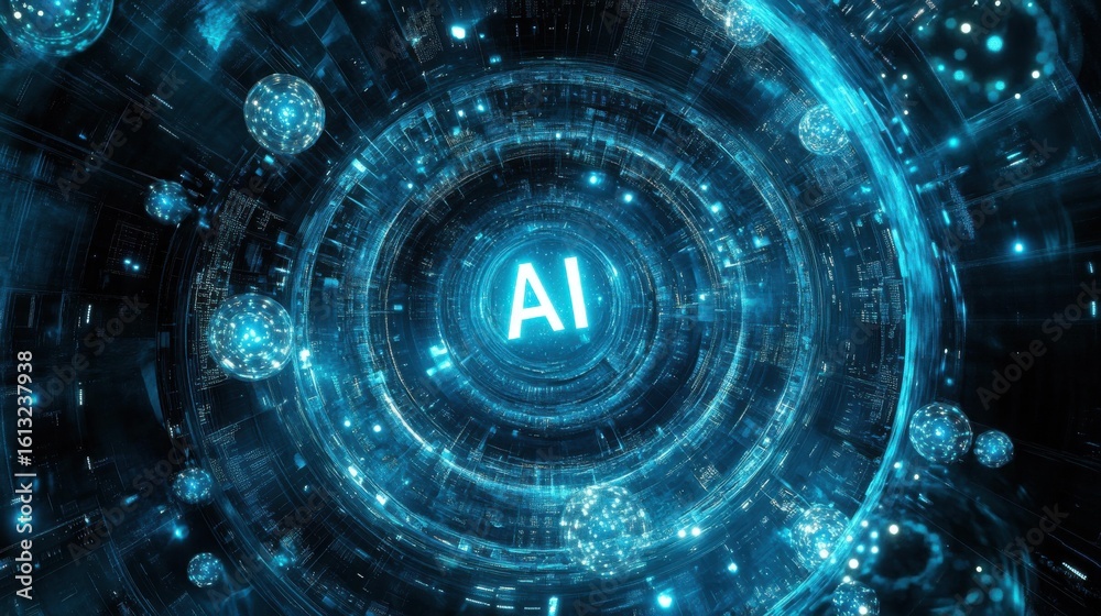 Obraz premium Futuristic glowing AI text with vibrant orbs in digital space
