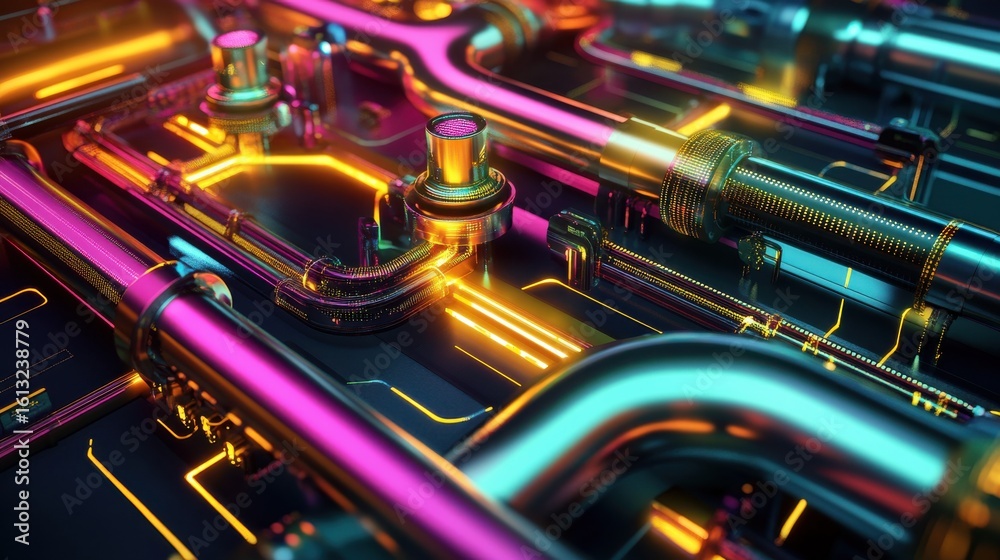 Obraz premium Futuristic neon pipes and circuitry in industrial setting