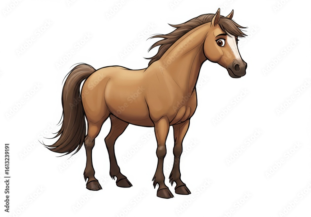 Fototapeta premium Cartoon illustration of a brown horse standing, with a dark mane and tail, on a white background.