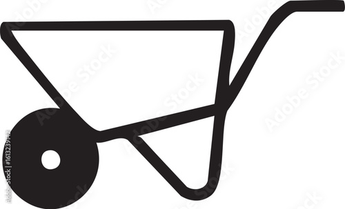 A simple black silhouette icon of a single-wheeled wheelbarrow for gardening or construction work.