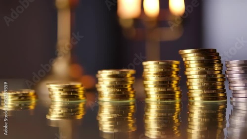 Stacked Coins Growing in Height with Warm Candlelight Background in Focus