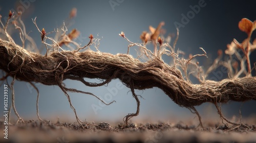 Detailed close-up of intertwined root system with delicate sprout emergence