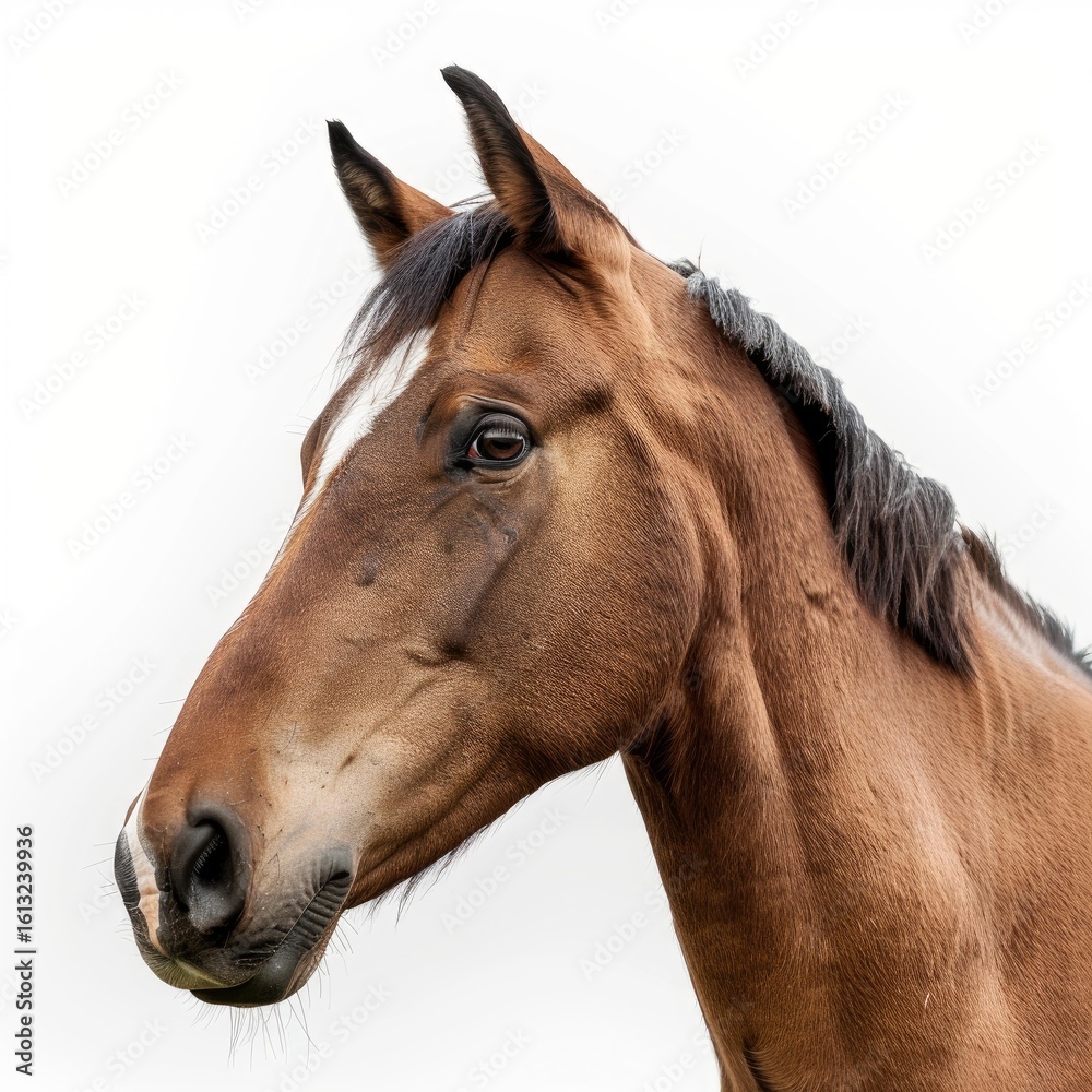 Obraz premium Bay horse looking aside, showcasing its beautiful coat and gentle nature against a clean white backdrop