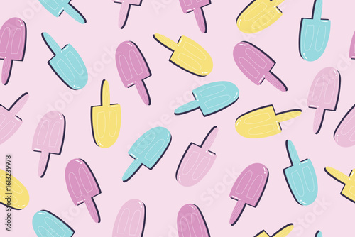 Pastel popsicle design with pink, blue, purple and yellow treats on a playful light background