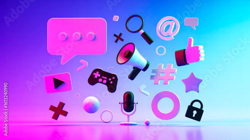 3D floating social media, tech icons on gradient purple-blue background