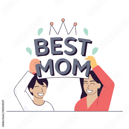 Joyful children proudly hold up a sign proclaiming best mom with a decorative crown above