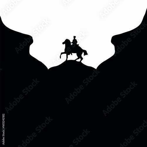 Silhouette shows horseman with traditional attire standing atop a hill against white backdrop
