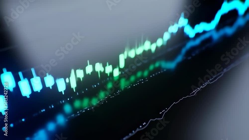 Digital Stock Market Graph Showing Upward Trend with Green and Blue Candles and Line Chart