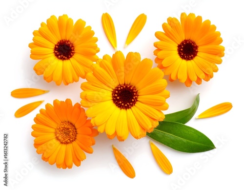 Bright orange flowers and leaves on white