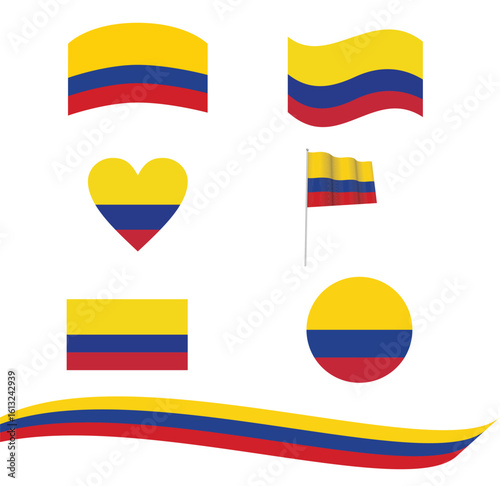 Set of Colombia flag on isolated vector illustration. six Colombian  realistic flag as a symbol of patriotism.. independence day 20 july, map, circle, heart, rectangle and wavy shaped colombia