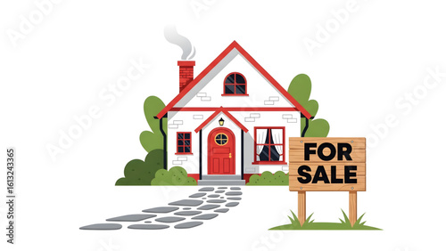 Red-Roofed White House for Sale – Whimsical Real Estate Vector Art house sale rent concept