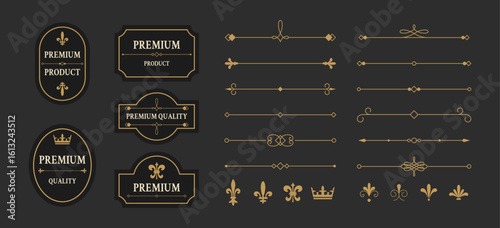 Vintage premium labels and flourishes for luxury products. Vector set of elegant dividers, badges, fleur-de-lis and crown in classic royal style. Elements for packaging, logos and vintage designs