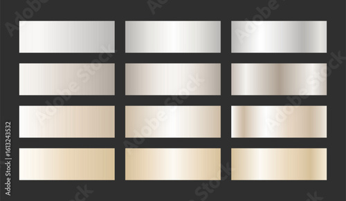 Elegant silver and pearl metallic gradient swatches. Soft shiny textures with luminous foil shine and satin smooth. Subtle palette for premium and luxury branding, invitations and digital design