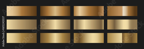 Elegant aged gold gradient swatches collection. Metallic textures with polished foil shine and satin smooth. Antique palette for vintage and classic designs and branding