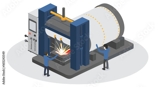 Isometric view of industrial welding machine with two workers overseeing the process safely and carefully