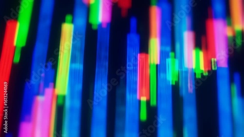 Colorful Digital Data Visualizations of Stock Market Charts in Motion with Bright Neon Lights