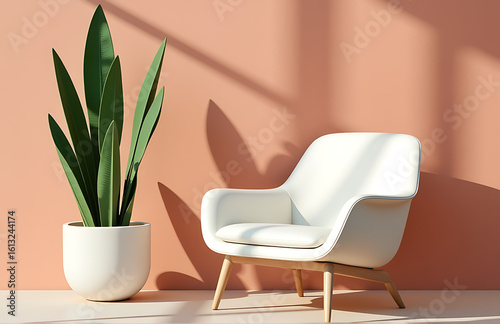 white armchair sits intimately beside potted green succulent warm textured wall soft afternoon sunlight