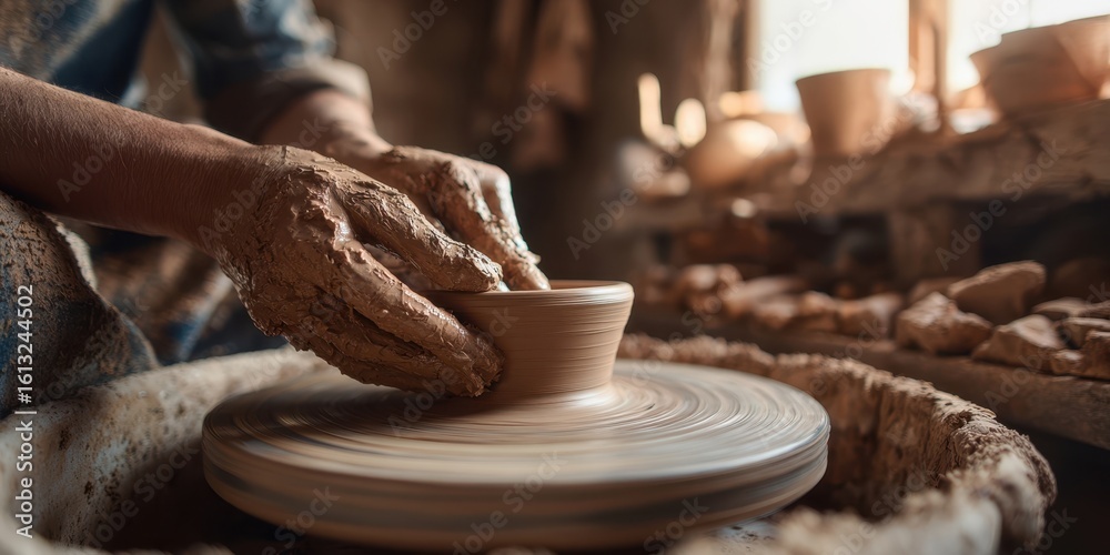 The skilled artisan shaping clay on a pottery wheel in a cozy workshop. The skilled artisan shaping clay on a pottery wheel in a cozy workshop.