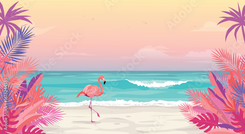 Vibrant Tropical Beach Flamingo Sunset Vector Illustration