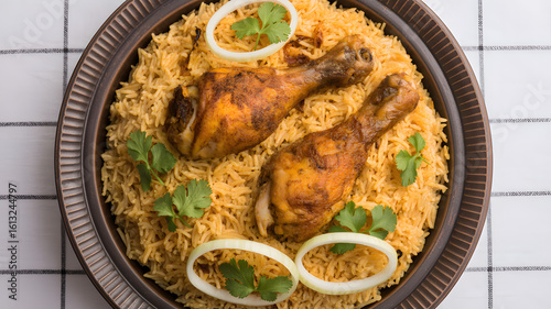 Delicious chicken biryani ready to serve, inviting aroma, flavorful dish, perfect for sharing meals