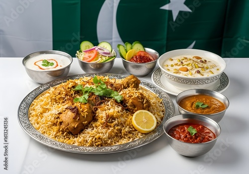 Savor authentic Pakistani chicken biryani with vibrant side dishes, a culinary delight celebrating flavor and tradition.