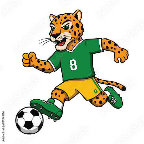 Soccer-Playing Jaguar Mascot in Green Jersey Kicking the Ball
