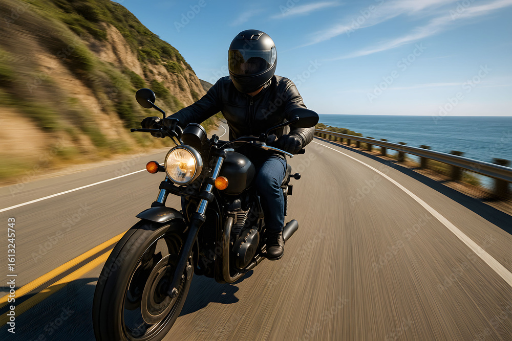 Fototapeta premium Motorcyclist Riding Along Coastal Highway on a Sunny Day