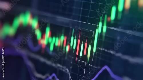 Digital Stock Market Data Chart Showing Fluctuations With Green and Red Candles in Focus
