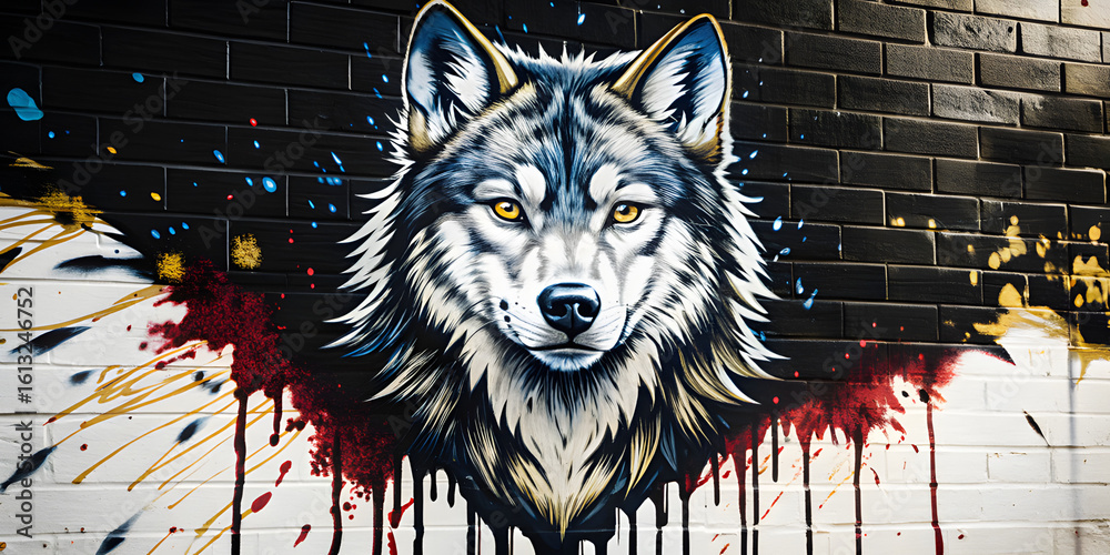 Obraz premium Urban graffiti, street art style with a wolf. Ideal for themes related to wildlife, freedom, strength and urban expression. Ideal for prints, backgrounds and creative projects with a rebellious