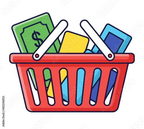 A red shopping basket filled with money and various colorful items.
