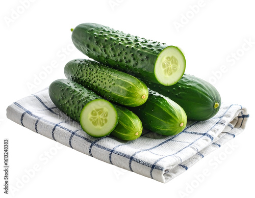 Fresh cucumbers on a checkered cloth, isolated on transparent background