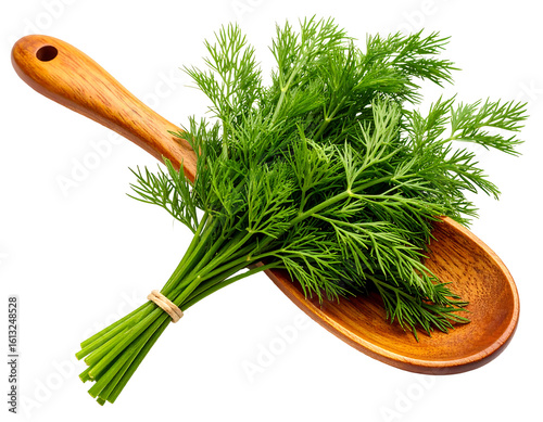 Fresh bunch of dill resting on a wooden spoon, isolated on black background, vibrant green color, high quality, close up, cooking, healthy food, dietary supplement