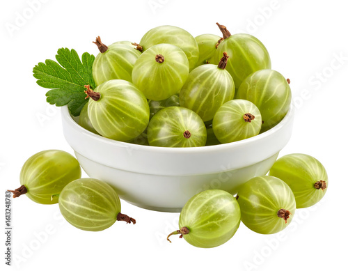 Fresh green gooseberries in a white bowl, isolated on transparent background