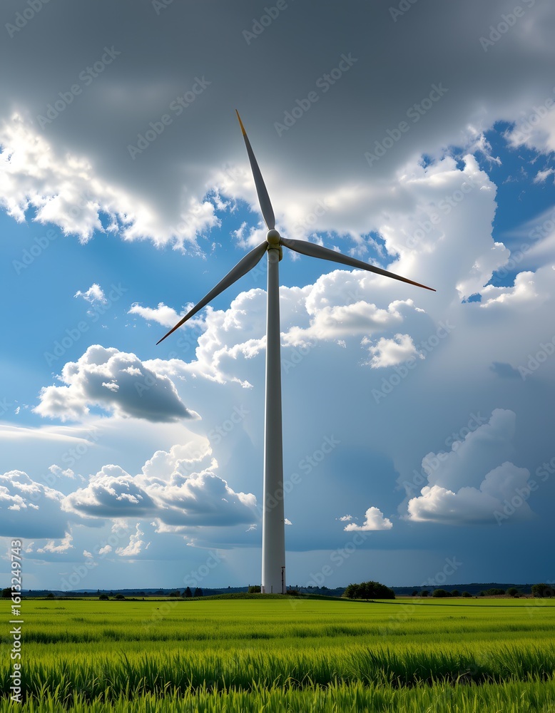 Obraz premium Wind Turbine Against Dramatic Cloudy Sky Over Lush Green Field in Rural Landscape Emphasizing Renewable Energy and Nature's Beauty