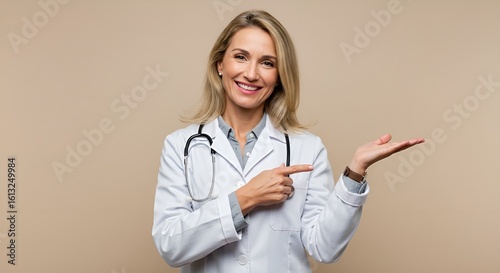 Happy mature female doctor in a white coat pointing her finger to the side at copy space, presenting a concept or product