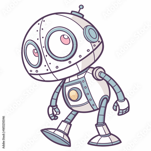 Cute cartoon robot character walking forward with big eyes