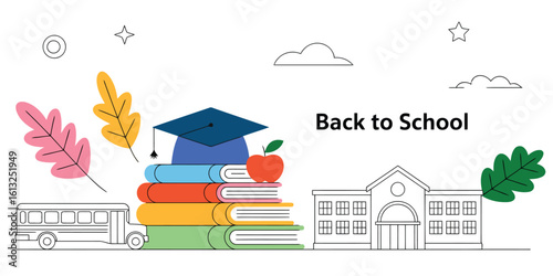 Back to School Scene: A stylized, bright and cheerful graphic for the new academic year with books, a graduation cap, and an apple.