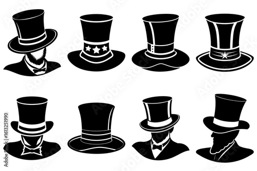Collection of eight black top hats with varying designs and styles in a vector graphic illustration