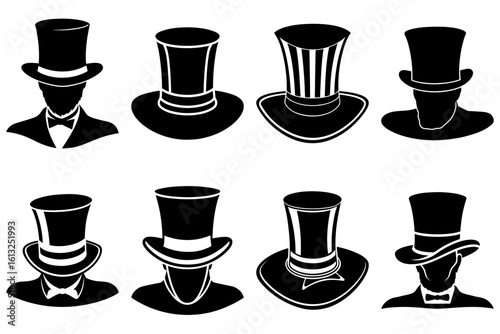 Collection of eight different top hats in black and white with various designs and styles shown here
