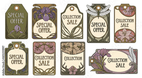 Elegant Art Nouveau tags with floral motifs and sale messaging, perfect for premium branding and promotions, showcasing a refined silhouette
