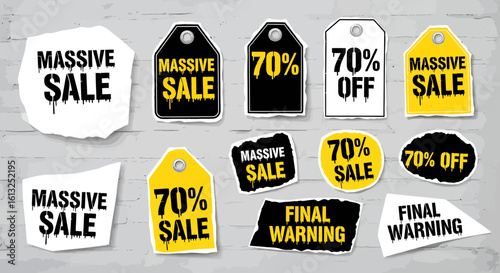Grab these eye-catching sale tags and warning labels, a bold silhouette collection for your next promotional campaign, driving urgency and massive savings.
