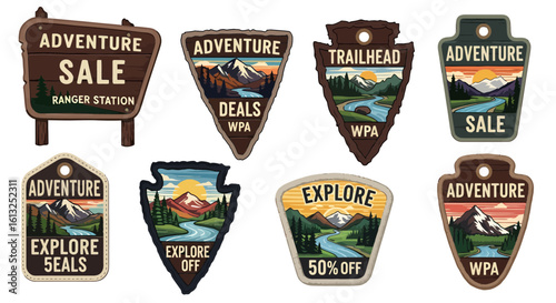 Explore adventure sales and deals with these vintage outdoor silhouette badges perfect for travel and lifestyle branding