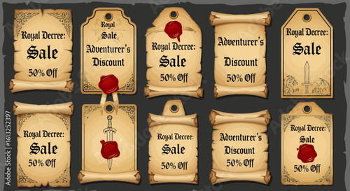 Unlock incredible savings with these vintage-style sale and discount tags, perfect for adding a touch of adventure to your promotions, featuring a compelling silhouette.