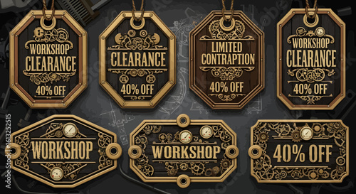 Discover unique steampunk workshop clearance tags with 40% off discounts, showcasing intricate gears and gauges for a retro-futuristic sale event