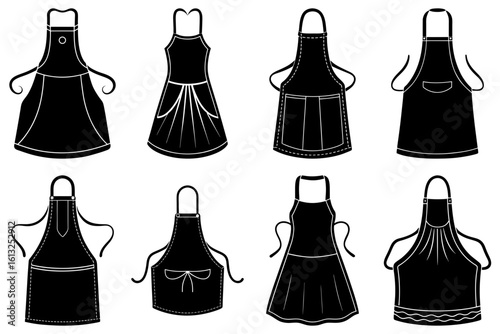 Collection of eight different styles of black aprons with varying designs and strap configurations shown