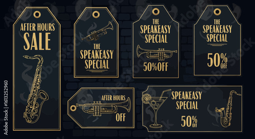 Vintage speakeasy sale and special offers featuring jazz instruments and cocktails, a stylish silhouette for promotions