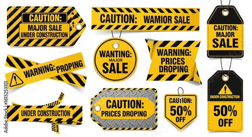 Bold caution and warning sale tags and banners with construction theme and 50% off sale alerts, creating a striking visual impact for promotions