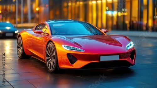 Sporty orange car parked in urban setting during twilight hours