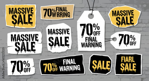 Dynamic silhouette sale tags and signs with dripping stencil text creating urgency for massive savings and final warnings